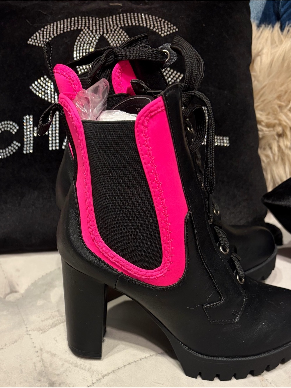 Chase + Chloe Black Lace-Up Heeled Boot with Hot Pink Panel